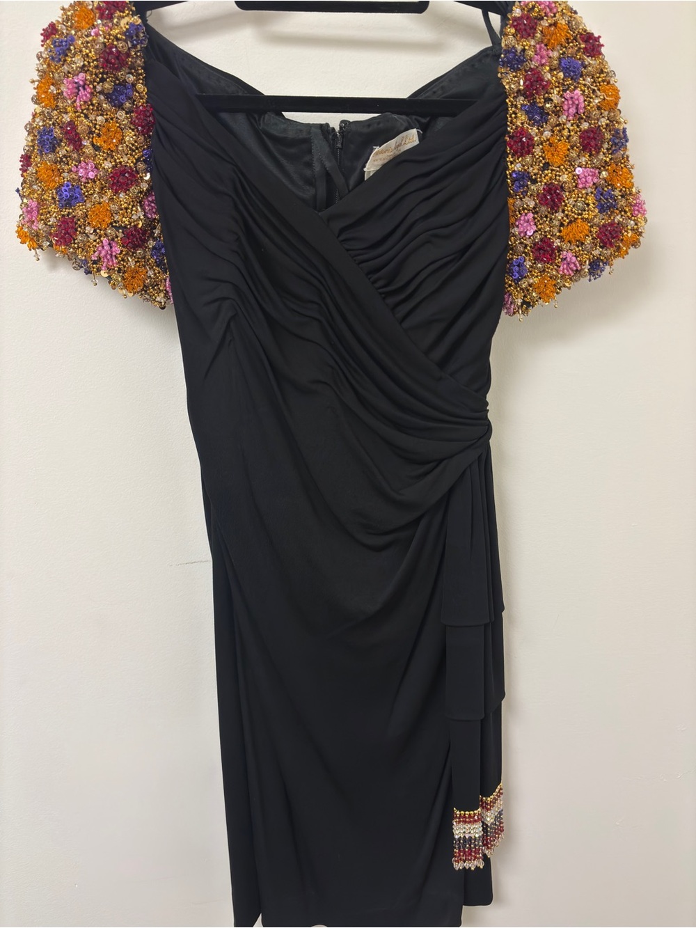 Victoria Royal Ltd Black Midi Dress with Embellished Floral Puff Sleeves